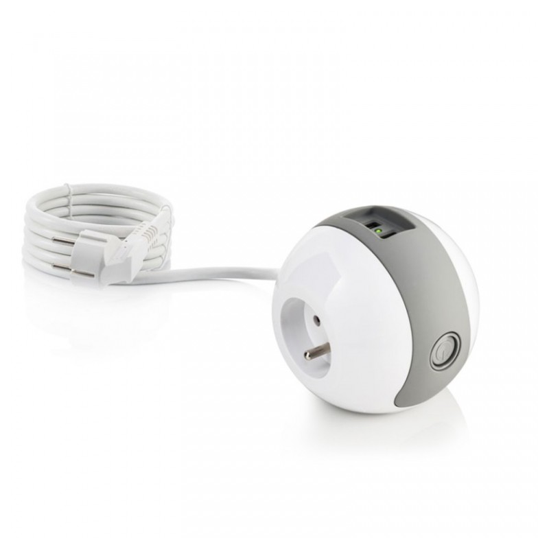 Multiprise design compacte et mobile WATT'BALL blanc et gris- WATT&CO - Multiprises et blocs parafoudre - BR-426101