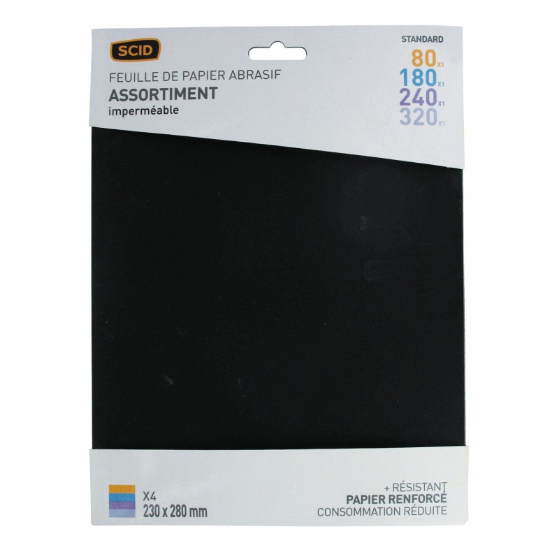 Assortiment de papier abrasif imperméable - 230 x 280 mm - Grain 80, 180, 240, 320 - Lot de 4 - SCID - Bande et patin abrasif...