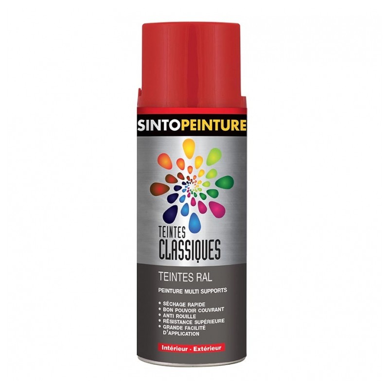 Peinture multi-supports - Teintes classiques RAL - Rouge feu brillant - 400 ml - SINTO - Peinture aérosol - 925085S