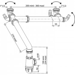 Tubulure 2 cuves décalées - Réglable - 40 mm - Prises mixtes - VALENTIN - Siphons pour évier de cuisine - SI-158900