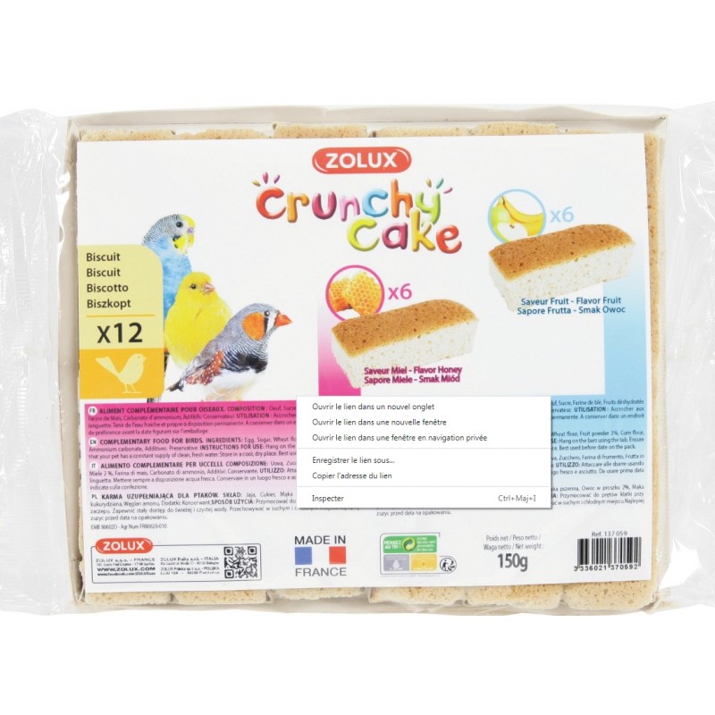 Biscuits x 12 - Crunchy Cake - Oiseaux - ZOLUX - Oiseaux, volatiles - BR-116575