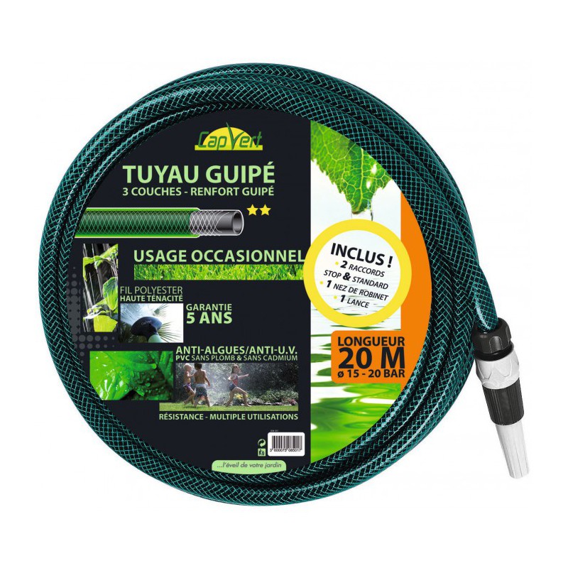 Batterie de tuyau guipé - Equipé - 20 m - CAP VERT - Tuyaux d'arrosage - BR-508501