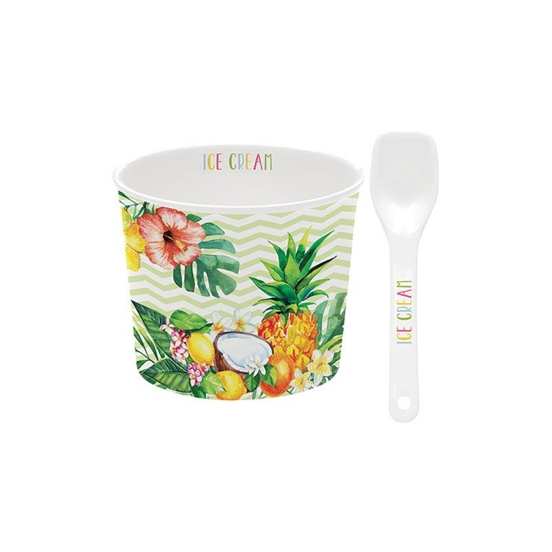 Coupelle à glace et cuillère - Porcelaine - Tropical Vert - EASY LIFE - Assiette / plat / plateau / coupelle - DE-428558