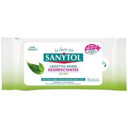 Lingettes désinfectantes mains - 12 lingettes - Thé Vert - SANYTOL - Désinfectant / Anti-bactérien - DE-569385