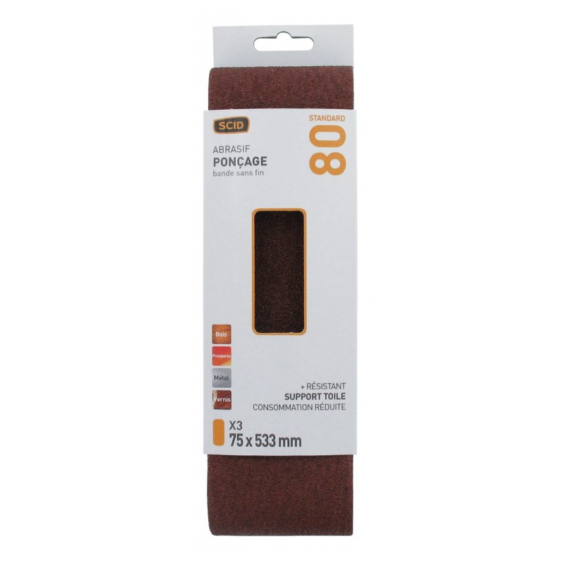 Bande pour ponçeuse - Grain 80- 75 x 533 mm - Lot de 3 pièces - SCID - Bande et patin abrasif - BR-044671