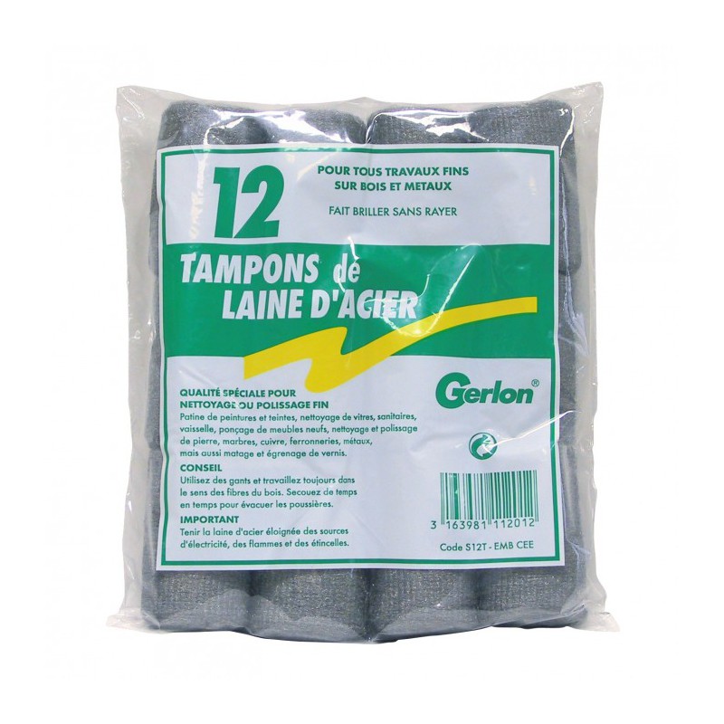 Lot de 12 tampons de laine d'acier - GERLON - Entretien du bois - BR-012152