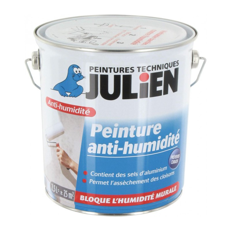 Peinture anti-humidité avec sels d'aluminium - 2.5 L - Blanc - Satin - JULIEN - Traitement humidité - salpêtre - BR-113573