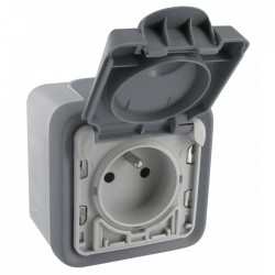 Prise de courant avec terre + volet IP 55 à  ouverture auto Plexo apparent - Gris - LEGRAND - Prises - BR-404169