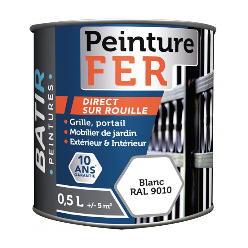 Peinture fer - Satiné - Blanc - 0.5 L - BATIR - Peintures - BR-752515