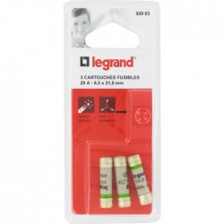 Cartouche domestique cylindrique - 20 A - 8.5 x 31.5 mm - Avec voyant - Lot de 3 - LEGRAND - Fusibles - BR-826596