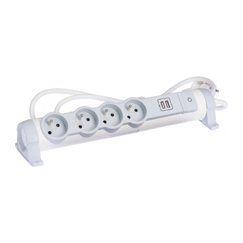 Rallonge 4 prises de courant + 2 chargeurs USB - Blanc et gris - LEGRAND - Multiprises et blocs parafoudre - BR-131573